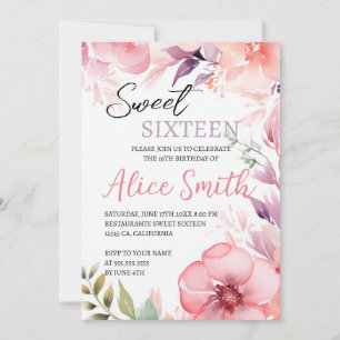 Invitation Anniversaire du Sweet sixteen floral rose