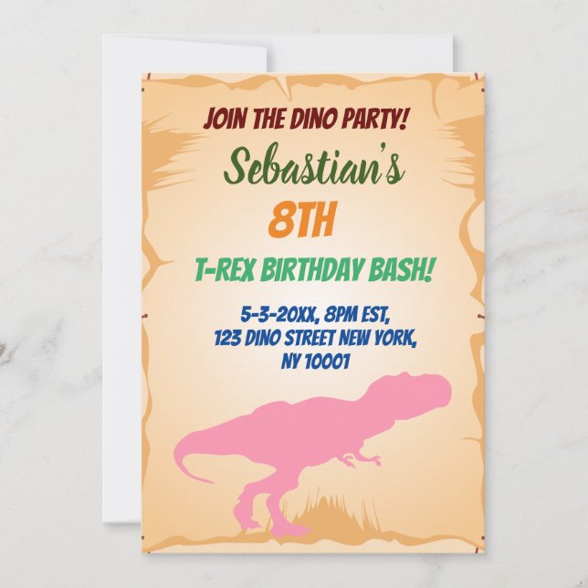 Invitation Anniversaire du tyrannosaurus du jurassique préhis (Devant)