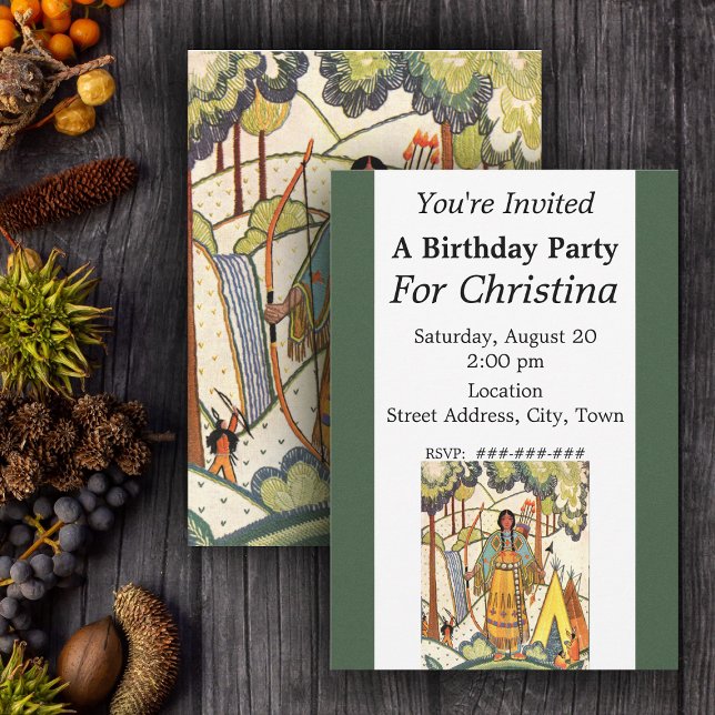 Invitation Anniversaire du village de femmes amérindiennes vi (Native american woman forest scene with teepee with embroidered look Birthday party invitations.)