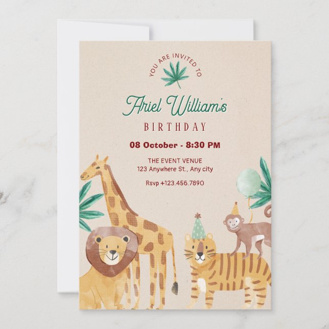 Invitation Anniversaire du zoo beige (Devant)