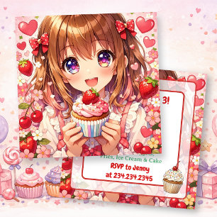 Invitation Anniversaire d'une fille Anime   Fraises et Cupcak