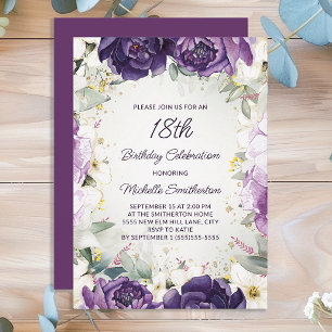 Invitation Anniversaire élégant 18 ans Fleurs Blanches Violet