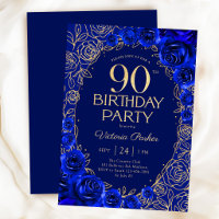 Anniversaire élégant 90 ans Bleu de roi Or Floral
