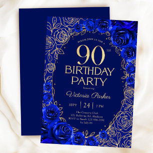 Invitation Anniversaire élégant 90 ans Bleu de roi Or Floral