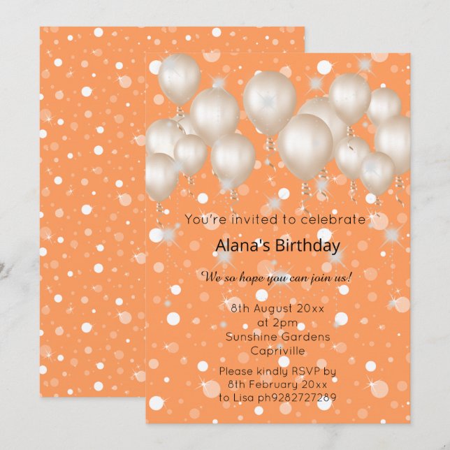 INVITATION ANNIVERSAIRE ÉLÉGANT BALLON MODERNE ORANGE (Devant / Derrière)