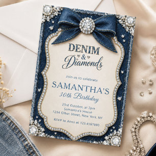 Invitation Anniversaire Élégant Bleu Denim & Diamants