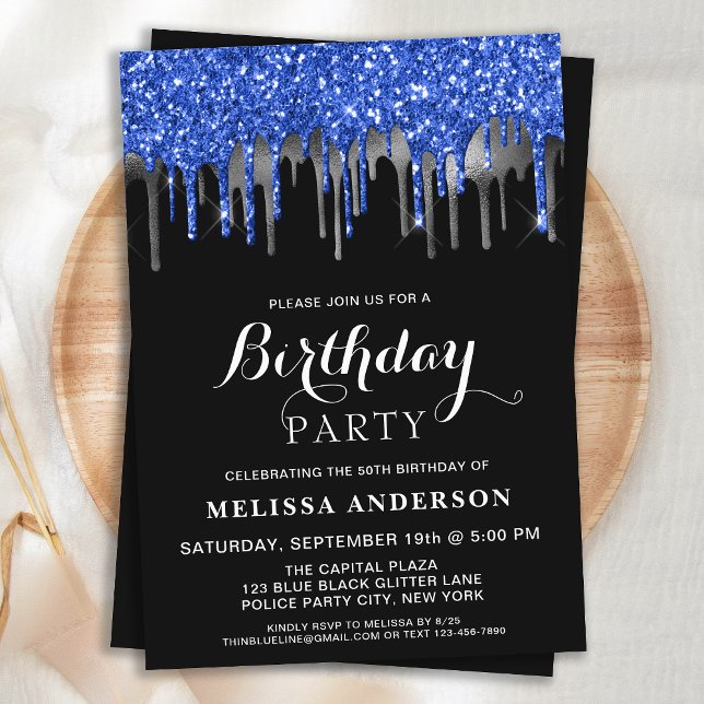 Invitation Anniversaire élégant bleu noir argent paillettes g (Créateur téléchargé)
