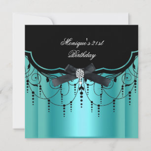 Invitation Anniversaire élégant de 21 ans Teal Blue Black Dia
