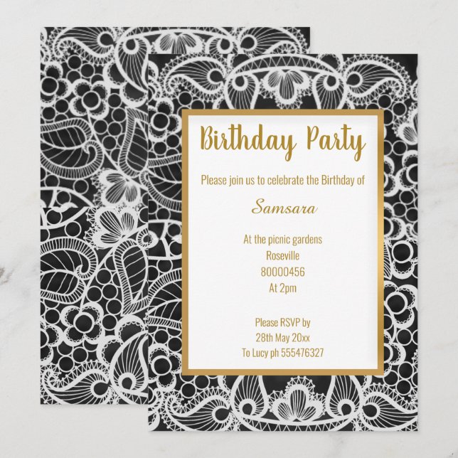 INVITATION ANNIVERSAIRE ÉLÉGANT DE L'OR DE LACE NOIRE (Devant / Derrière)