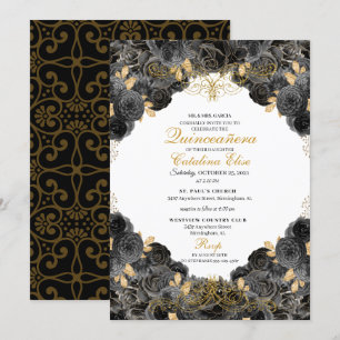 Invitation Anniversaire élégant de Quinceanera Florale Noir e