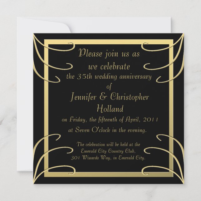 Invitation Anniversaire élégant de remous de noir et d'or (Devant)