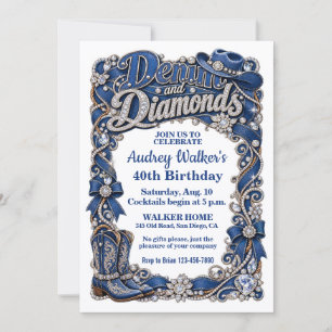 Invitation Anniversaire Élégant Denim et Diamants