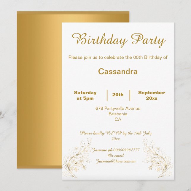 INVITATION ANNIVERSAIRE ÉLÉGANT D'OR ET BLANC PERSONNALISÉ (Devant / Derrière)