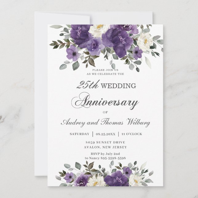 Invitation Anniversaire élégant du Mariage floral violet fonc (Devant)