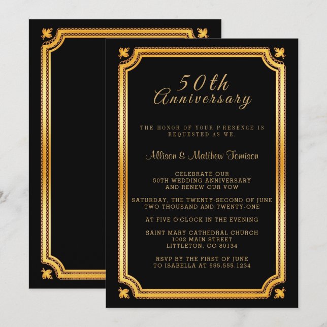 Invitation Anniversaire élégant du noir et d'or (Devant / Derrière)