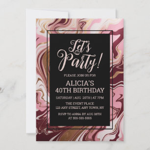 Invitation Anniversaire élégant en marbre rose bordeaux doré