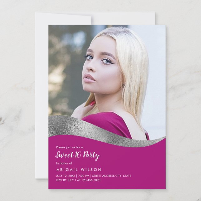Invitation Anniversaire élégant magenta sweet sixteen argent (Devant)
