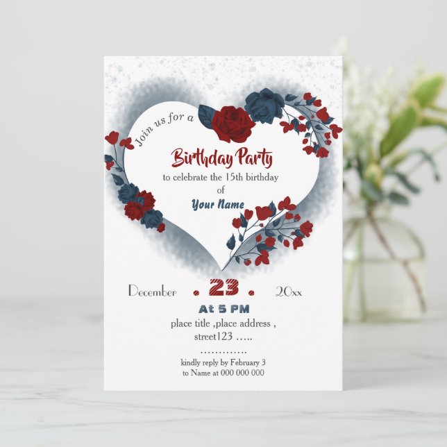 Invitation anniversaire élégant marine & coeur floral rouge (Debout devant)