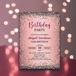 Invitation Anniversaire élégant noir pailleté métallisé rose