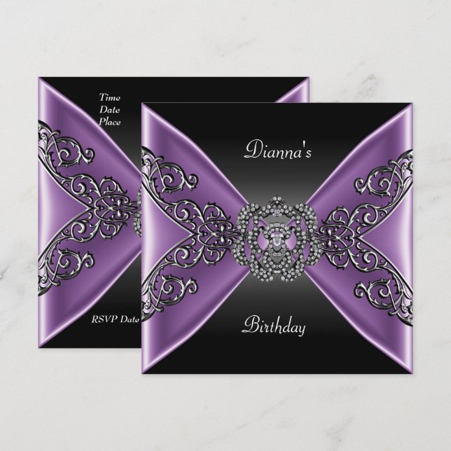 Invitation Anniversaire élégant noir violet bijou argenté (Devant / Derrière)