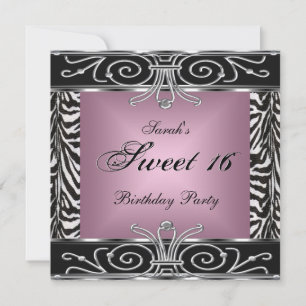 Invitation Anniversaire élégant Sweet 16 Rose Zèbre Noir Arge