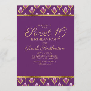 Invitation Anniversaire élégant violet floral or Sweet 16