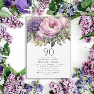 Invitation Anniversaire élégant violet rose floral 90 ans