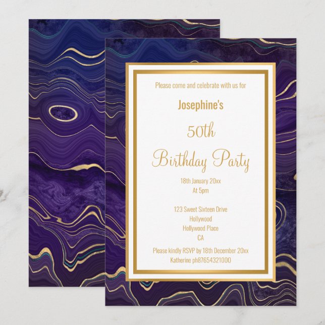 INVITATION ANNIVERSAIRE EN MARBRE DE LAVA PURPLE ÉLÉGANT (Devant / Derrière)