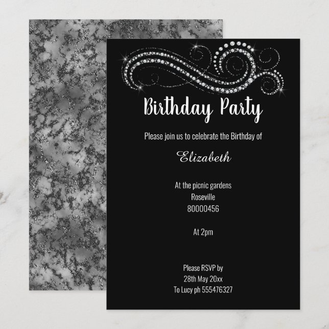 INVITATION ANNIVERSAIRE EN MARBRE NOIR ÉLÉGANT ET CLASSÉ (Devant / Derrière)