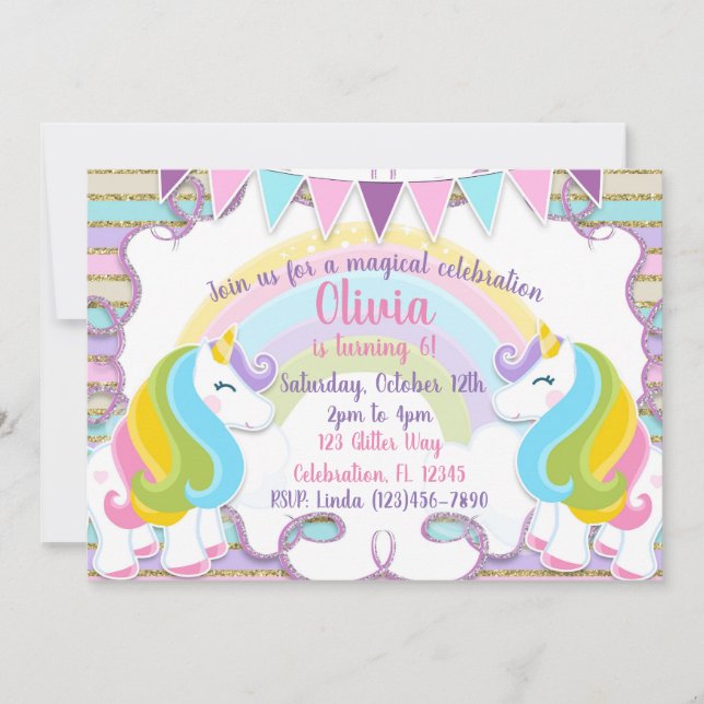 Invitation Anniversaire en pastel de filles de licornes de (Devant)