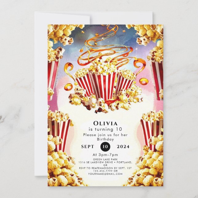 Invitation Anniversaire Enchanted D'Aquarelle Popcorn (Devant)