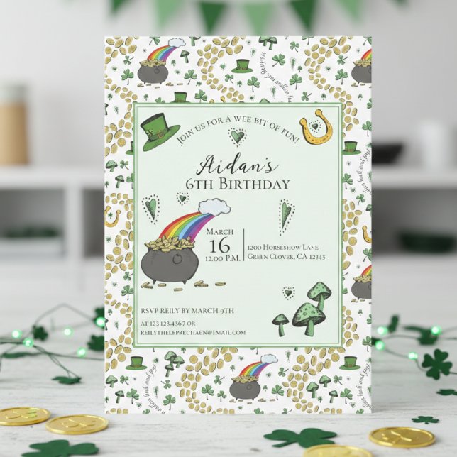 Invitation Anniversaire Enfant Jour de la Saint-Patrick Vert  (Cute St Patrick's Day Kids Birthday Invitations. Pattern of Irish Lucky Green Shamrocks, Hearts)