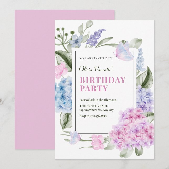 Invitation Anniversaire esthétique de l'hortensia floral (Devant / Derrière)