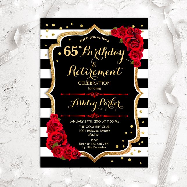 Invitation Anniversaire et fête de retraite - Black Red Gold (Créateur téléchargé)