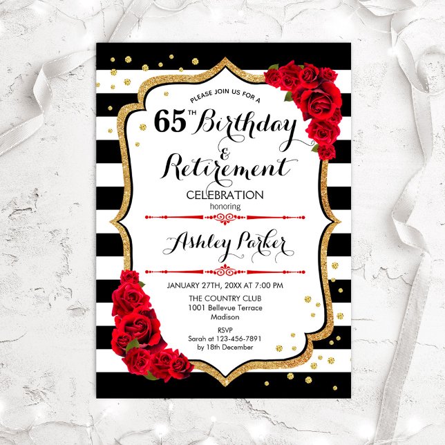 Invitation Anniversaire et fête de retraite - Noir Blanc Roug (Créateur téléchargé)