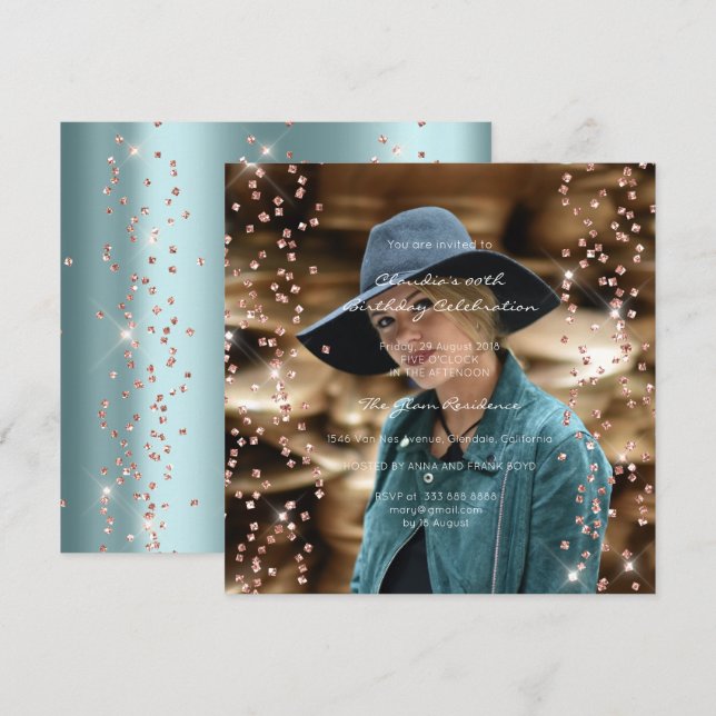 Invitation Anniversaire Étincelle Foto Confetti Rose Bleu (Devant / Derrière)