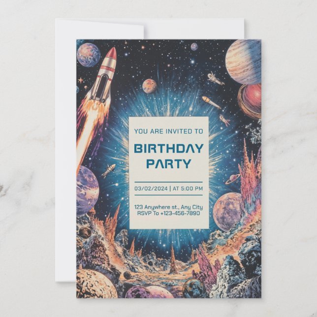 Invitation Anniversaire Explorateur Spatial Retro Vintage Sci (Devant)
