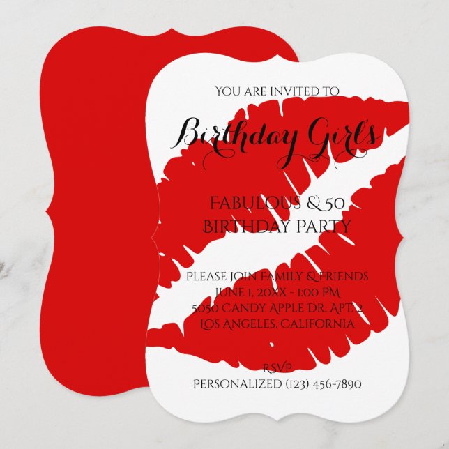 Invitation Anniversaire Fabuleux fille et 50 rouge brillant r (Devant / Derrière)