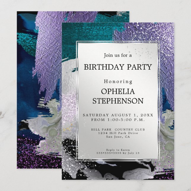 Invitation Anniversaire | Faux Métallurgique Lilac Aqua (Devant / Derrière)