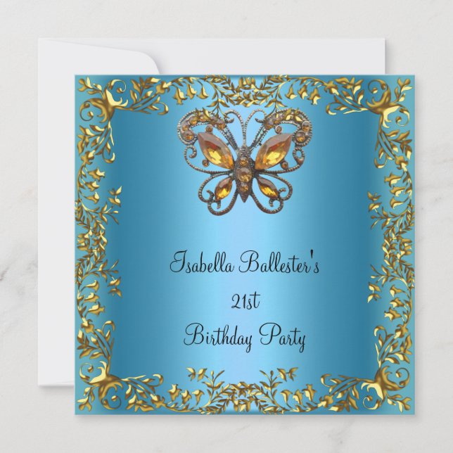 Invitation Anniversaire fête 21e papillon Turquoise Blue Gold (Devant)