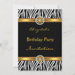 Invitation Anniversaire Fête Animal Zèbre Or Bijou