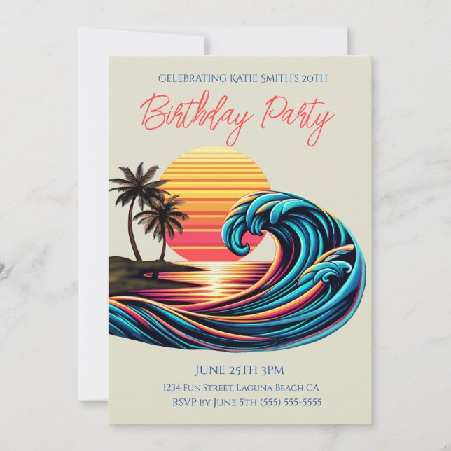 Invitation Anniversaire fête-coucher Rétro Surf Vague (Devant)