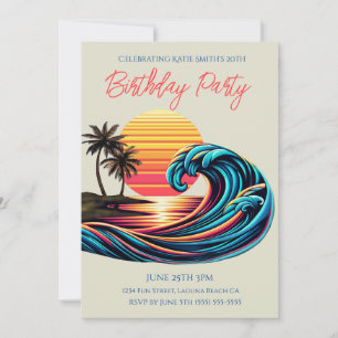 Invitation Anniversaire fête-coucher Rétro Surf Vague