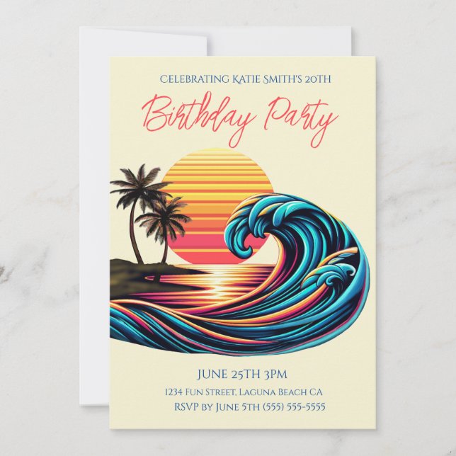 Invitation Anniversaire fête-coucher Rétro Surf Vague (Devant)