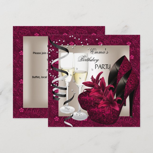 Invitation Anniversaire Fête Damask Rose Rouge Chaussures Crè (Devant / Derrière)