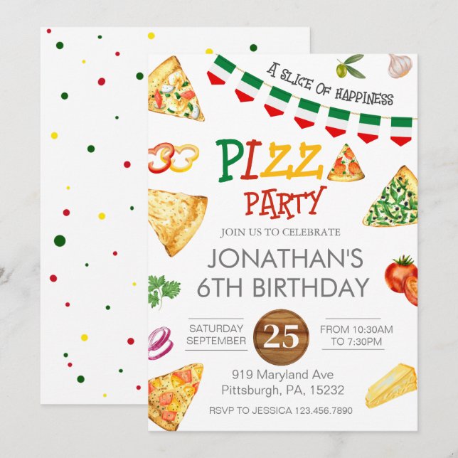 Invitation anniversaire fete enfant pizza aquarell (Devant / Derrière)