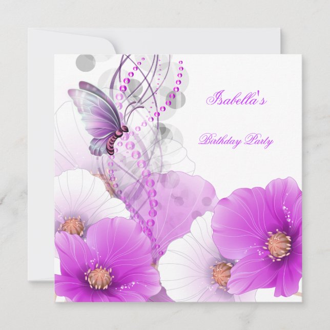 Invitation Anniversaire Fête Joli Floral Lilac Papillon blanc (Devant)