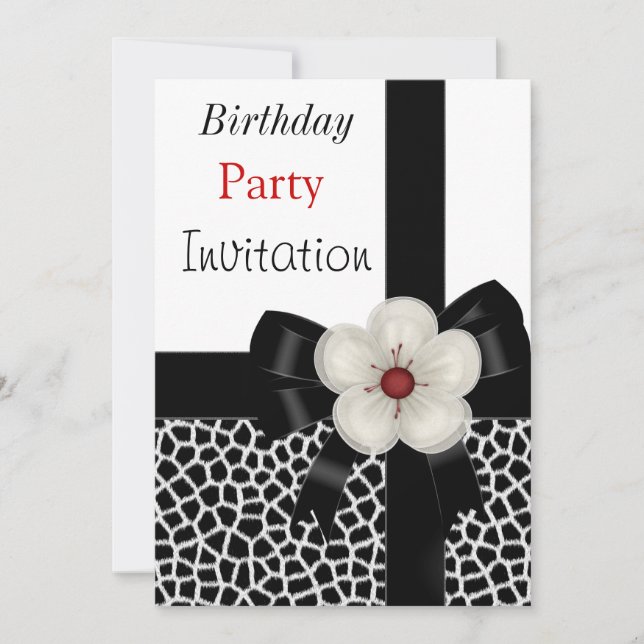 Invitation Anniversaire Fête Noir Blanc Bow (Devant)