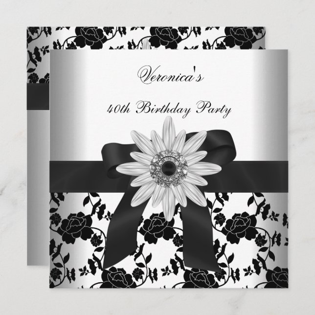 Invitation ANNIVERSAIRE Fête Noir Blanc Fleur Diamant (Devant / Derrière)