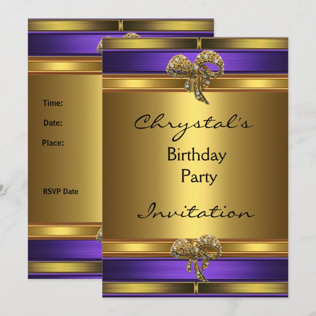 Invitation Anniversaire fête Purple Gold Jewel Bow (Devant / Derrière)